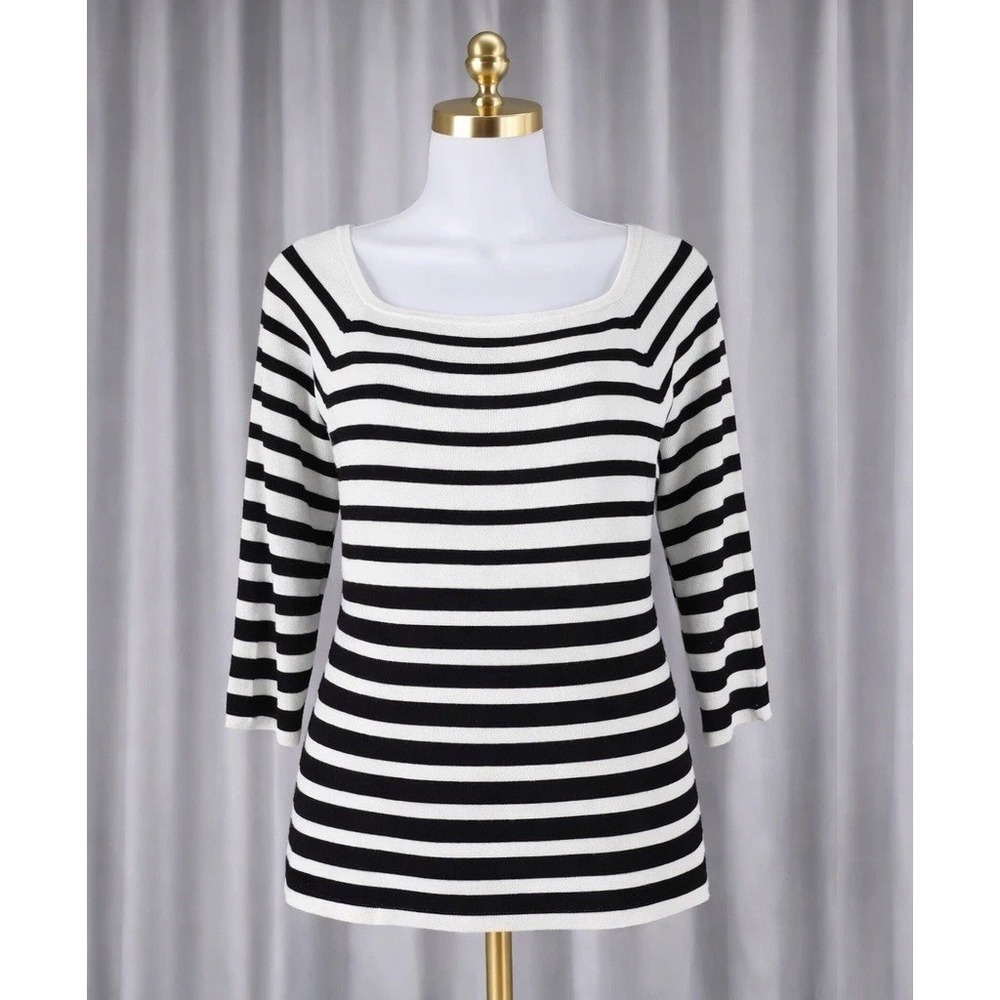 Chico's Pullover Sweater Size 1 Medium (8/10) Black & White Striped 3/4 Sleeves